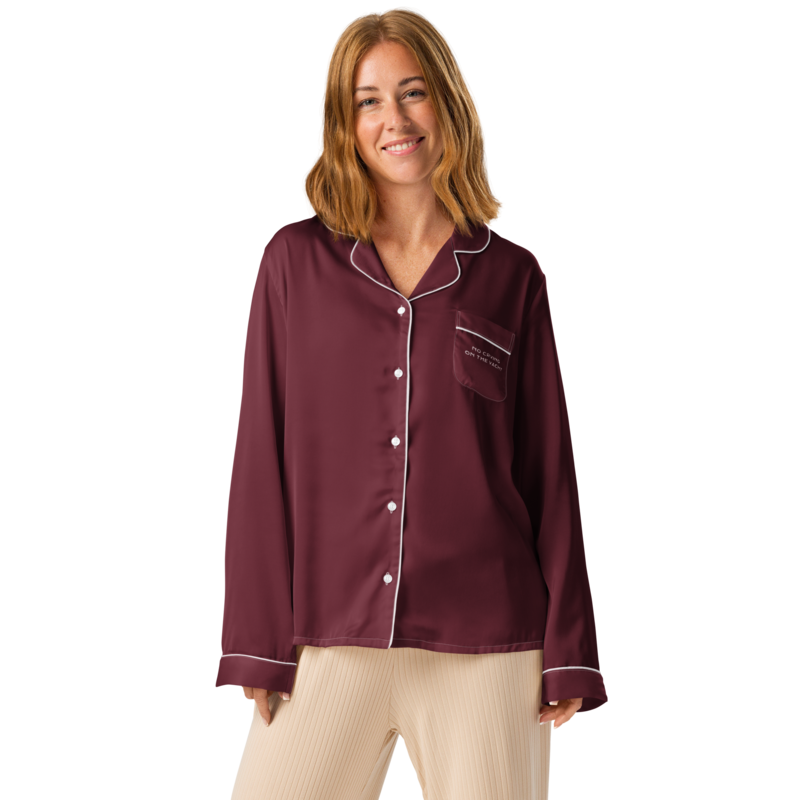 No Crying On The Yacht Pajama Top in maroon satin with white piping
