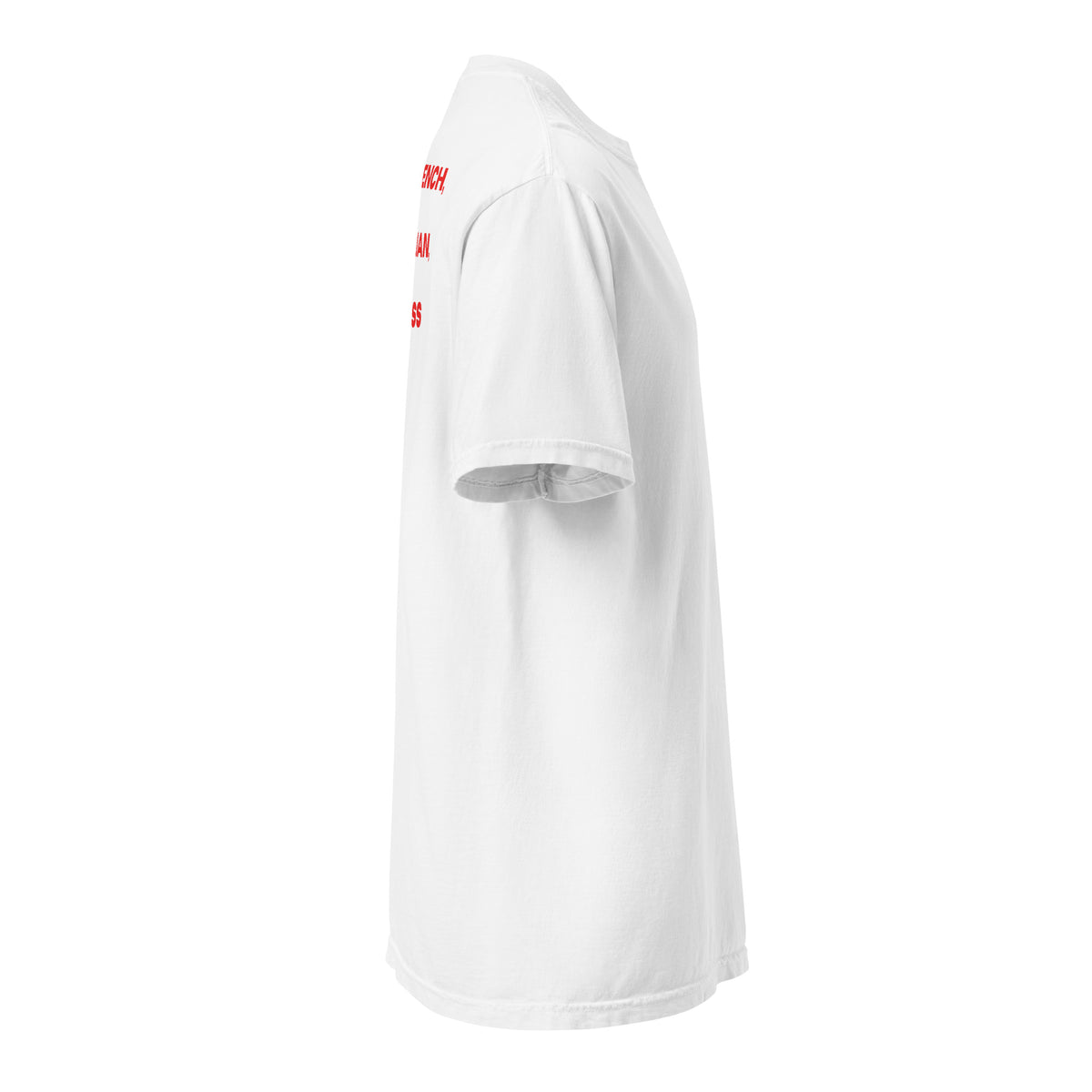 White Kiss French, Eat Italian, Ski Swiss heavyweight t-shirt, right side view