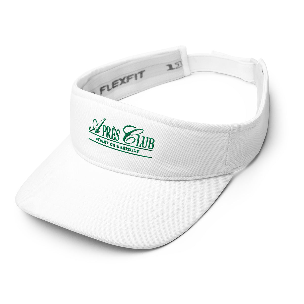 White tennis visor with green Après Club wordmark embroidered on the band, alternate view 3