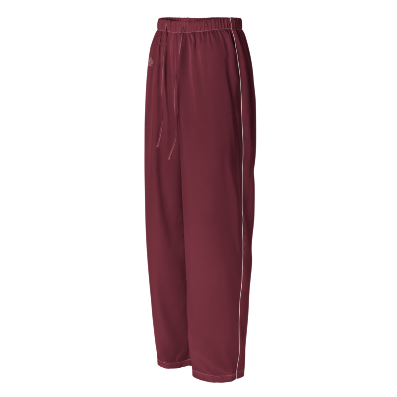 No Crying On The Yacht Pajama Pant in maroon satin with white side piping