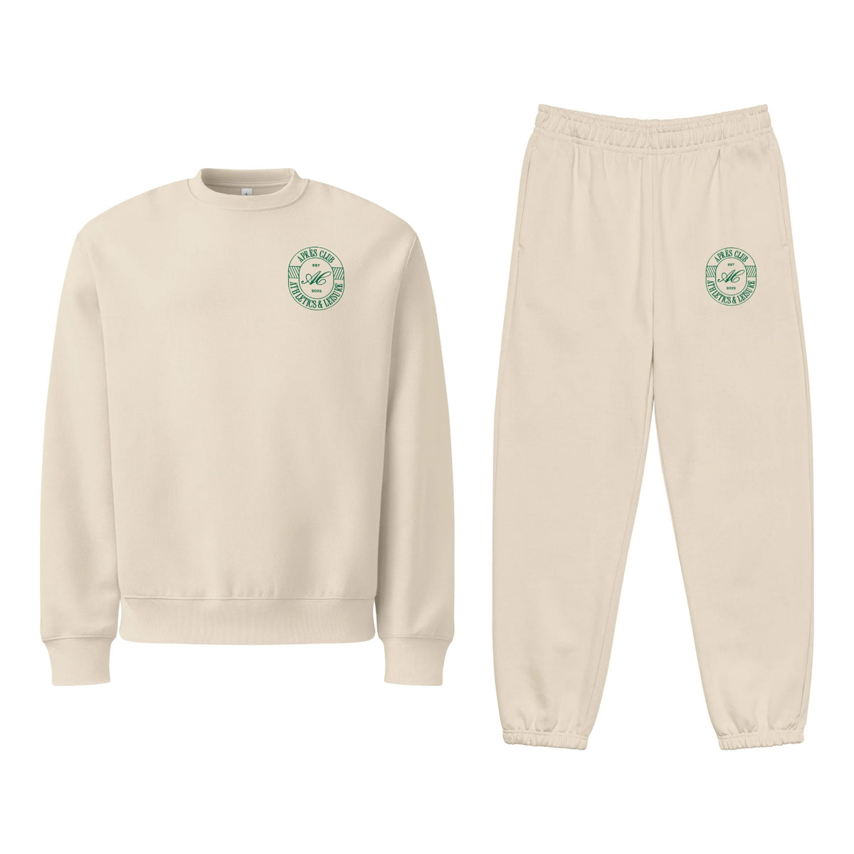 Clubhouse Set in Dust, the crewneck and sweatpant laid flat side by side, each with the green Après Club badge