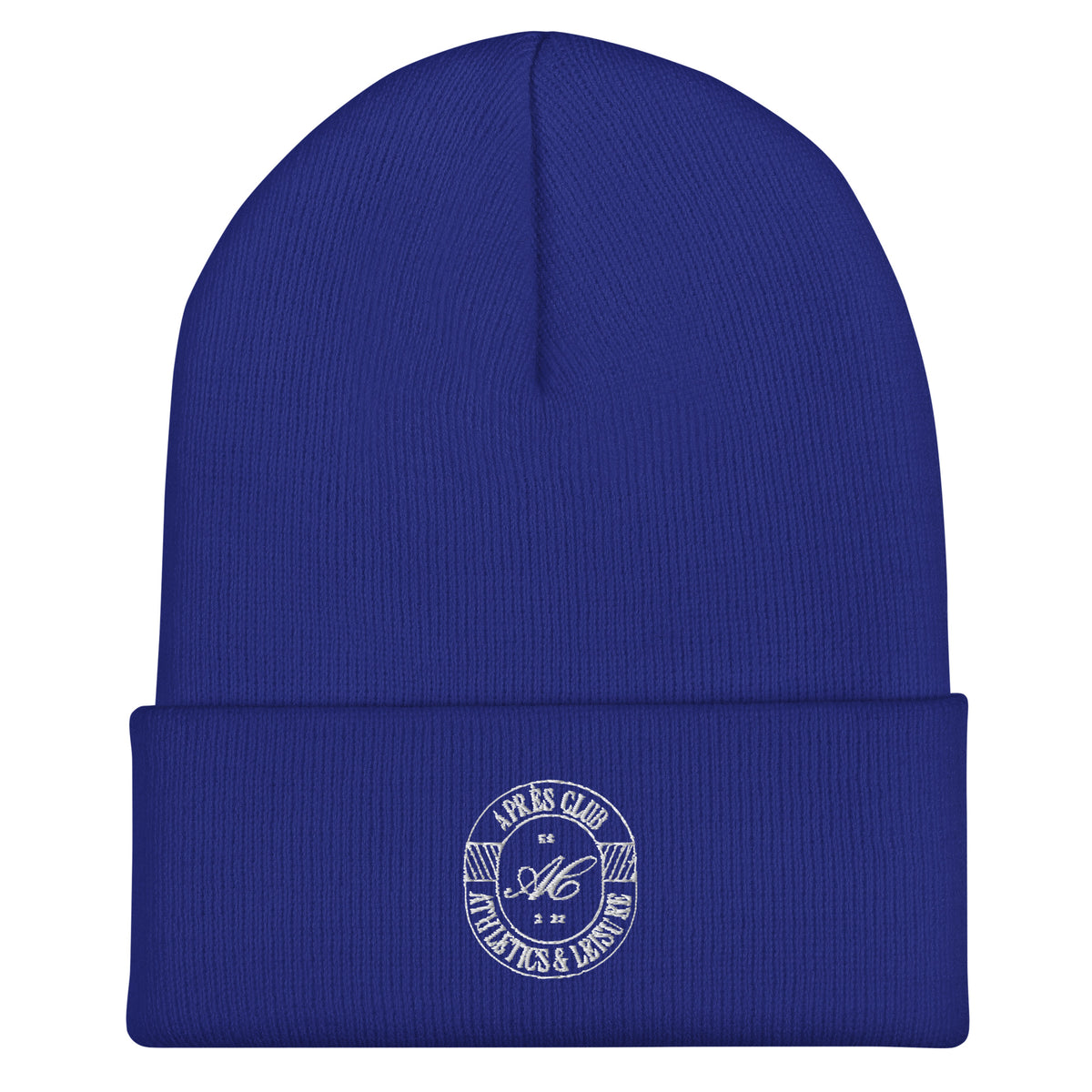 Ski Club cuffed beanie with white Après Club badge embroidered on the cuff
