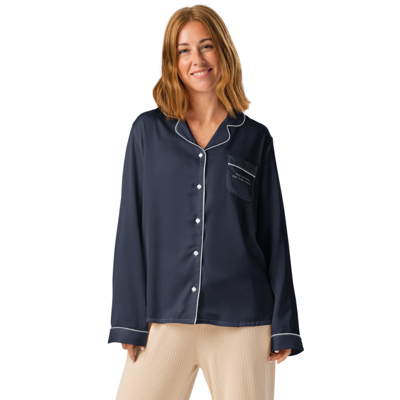 No Crying On The Yacht Pajama Top in navy satin with white piping