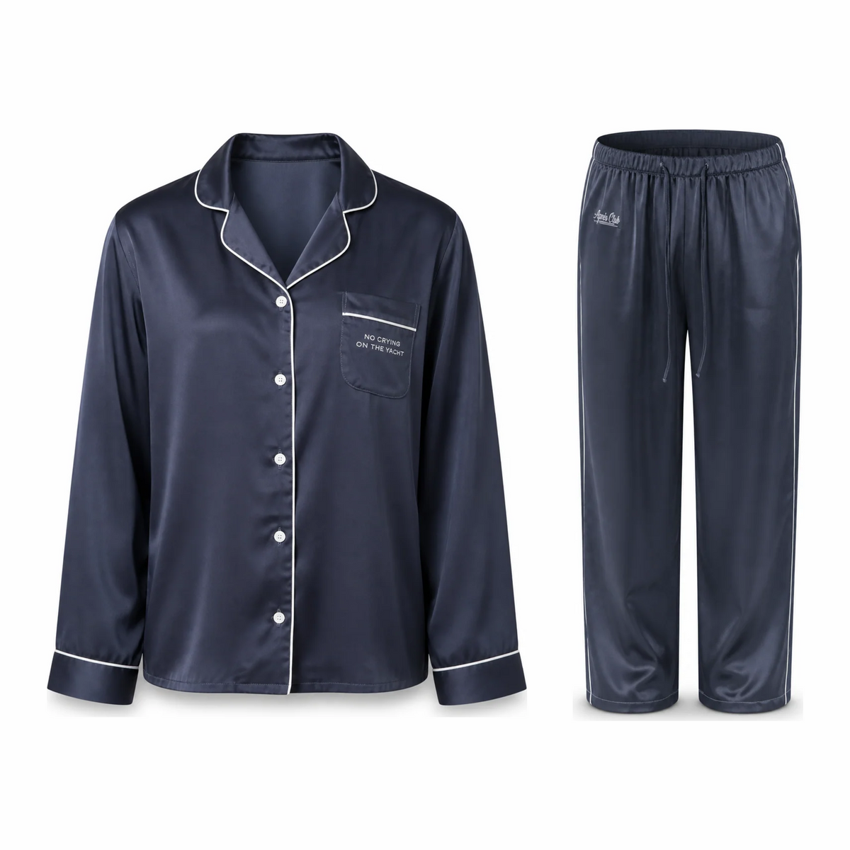 No Crying On The Yacht Pajama Set in navy satin, the top and pant laid flat side by side with white piping