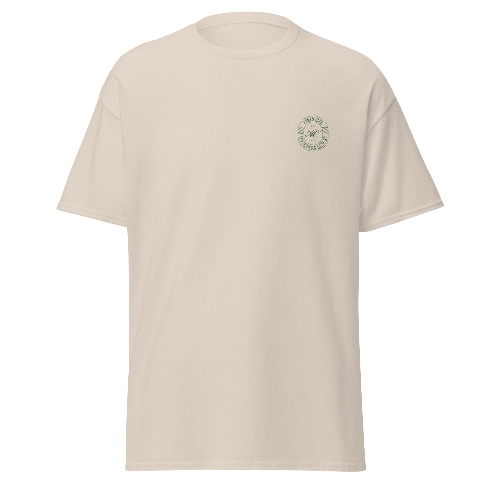 Natural colored unisex cotton t-shirt with small green Après Club crest on the front