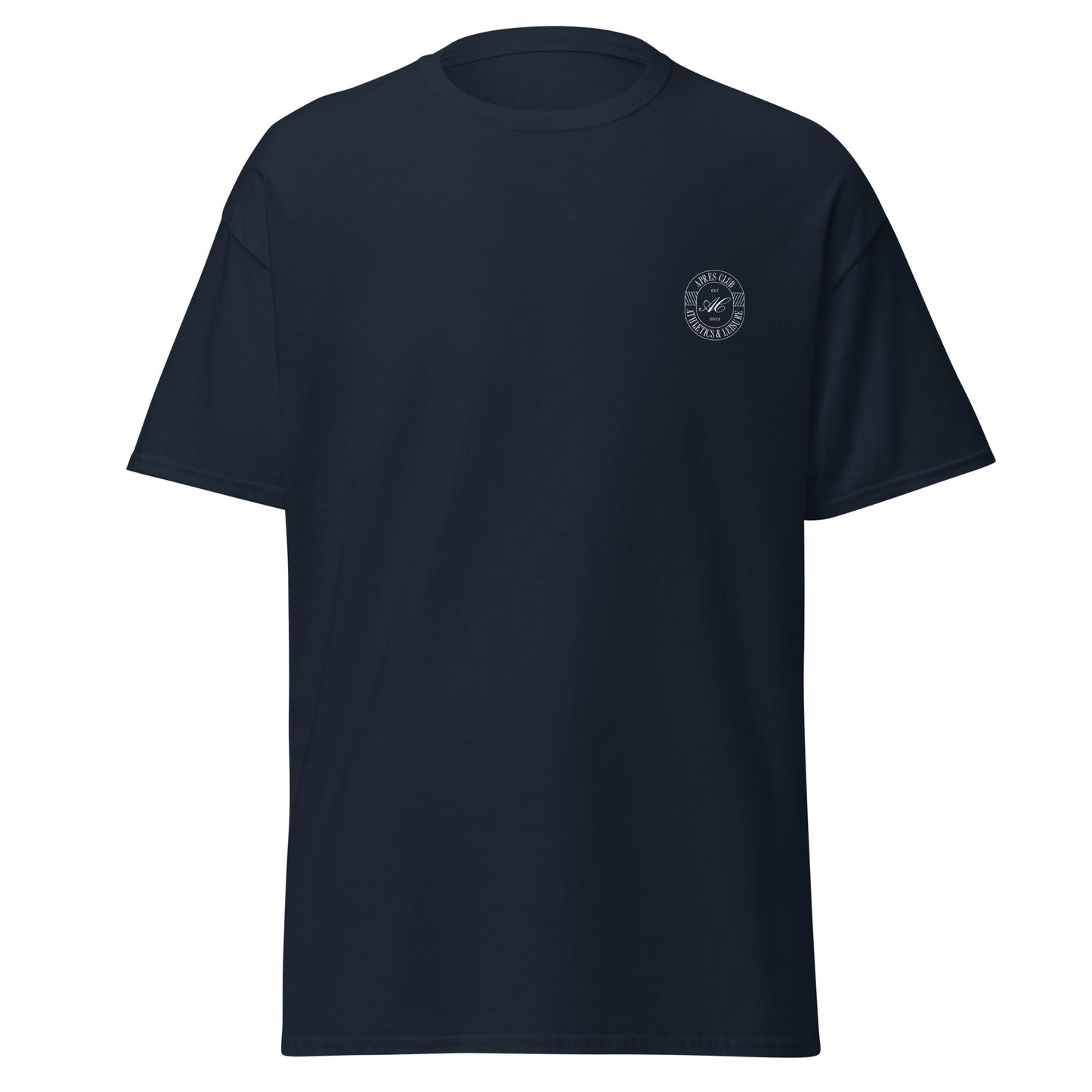 Navy unisex cotton t-shirt with small white Après Club crest on the front
