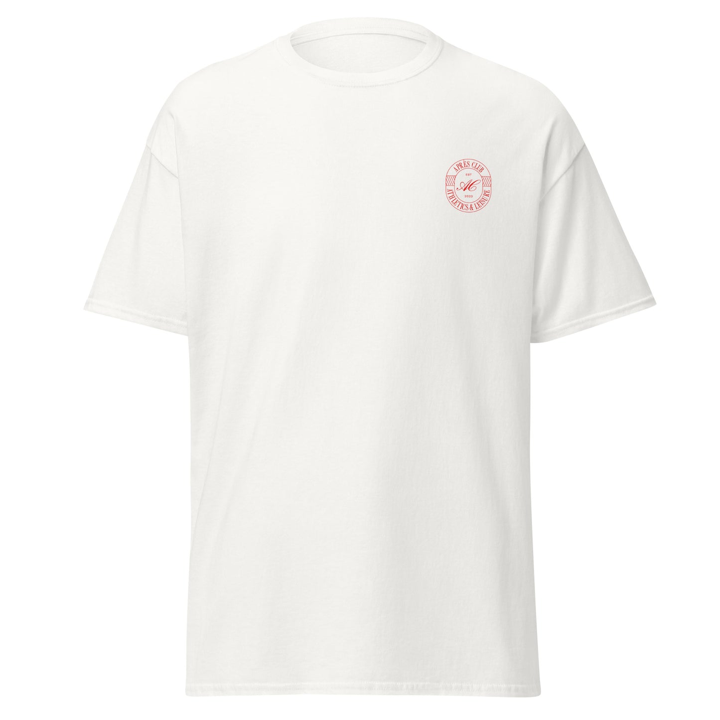 White unisex cotton t-shirt with small red Après Club crest on the front