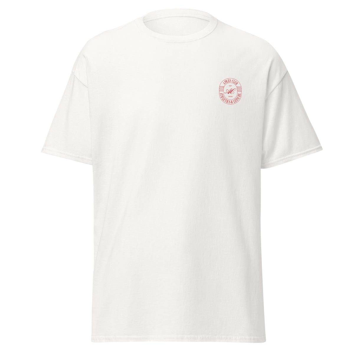 White unisex cotton t-shirt with small red Après Club crest on the front
