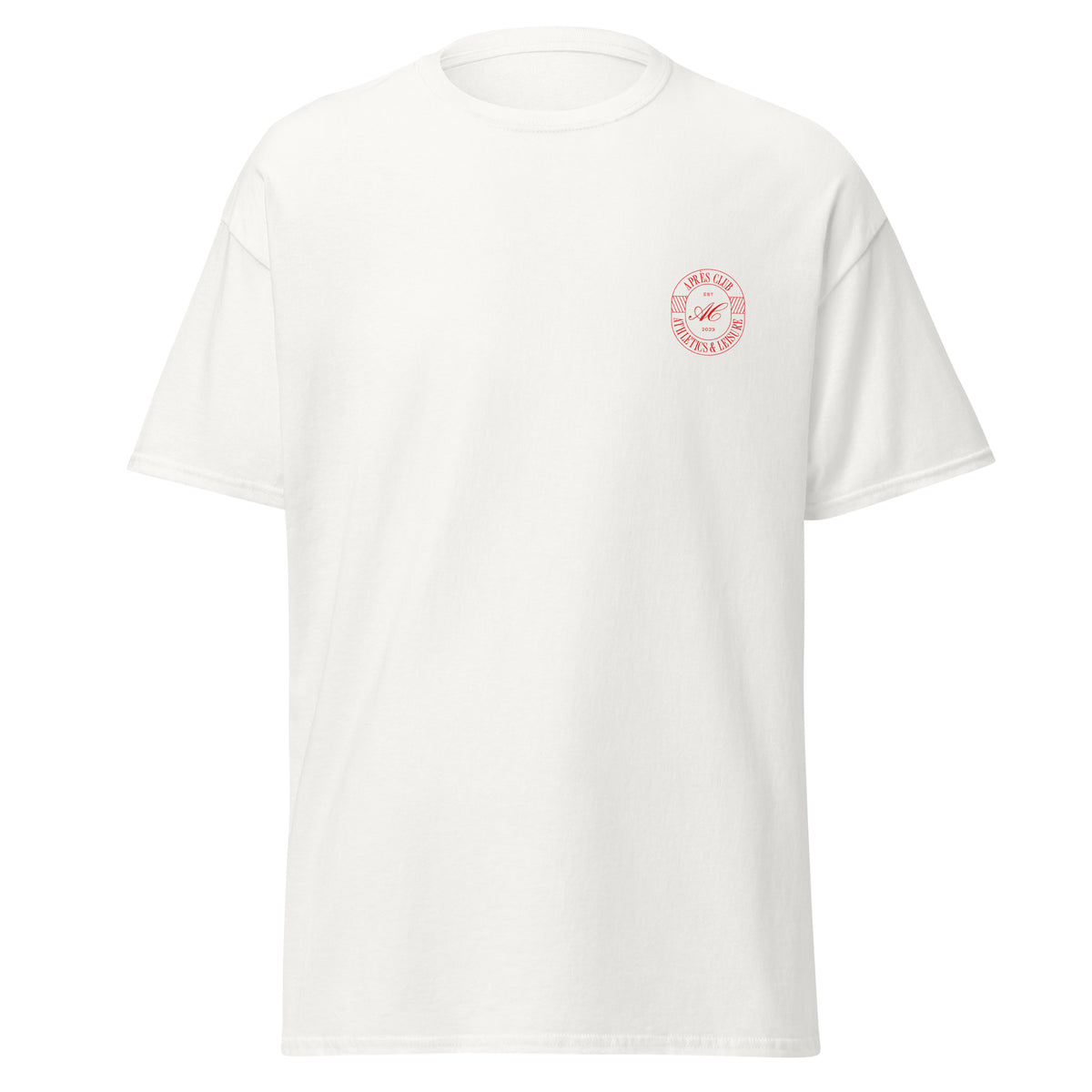 White unisex cotton t-shirt with small red Après Club crest on the front