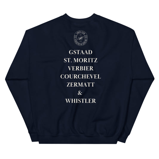 Navy Après Ski crew sweatshirt, back view listing Gstaad, St. Moritz, Verbier, Courchevel, Zermatt and Whistler under the Après Club badge