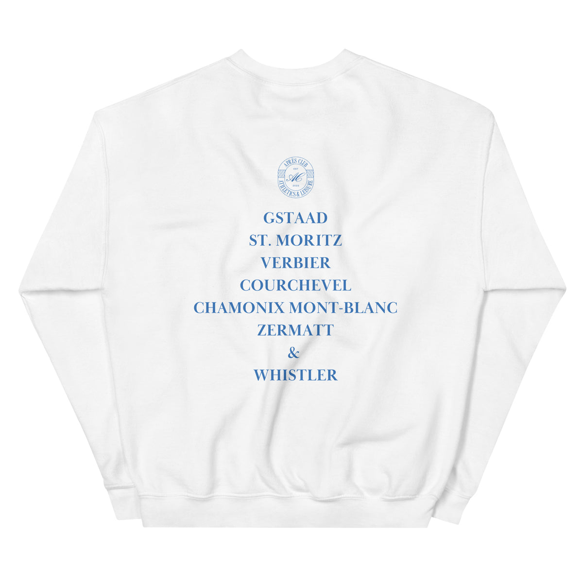 White Après Ski crew sweatshirt, back view: blue Après Club badge above Gstaad, St. Moritz, Verbier, Courchevel, Chamonix Mont-Blanc, Zermatt and Whistler