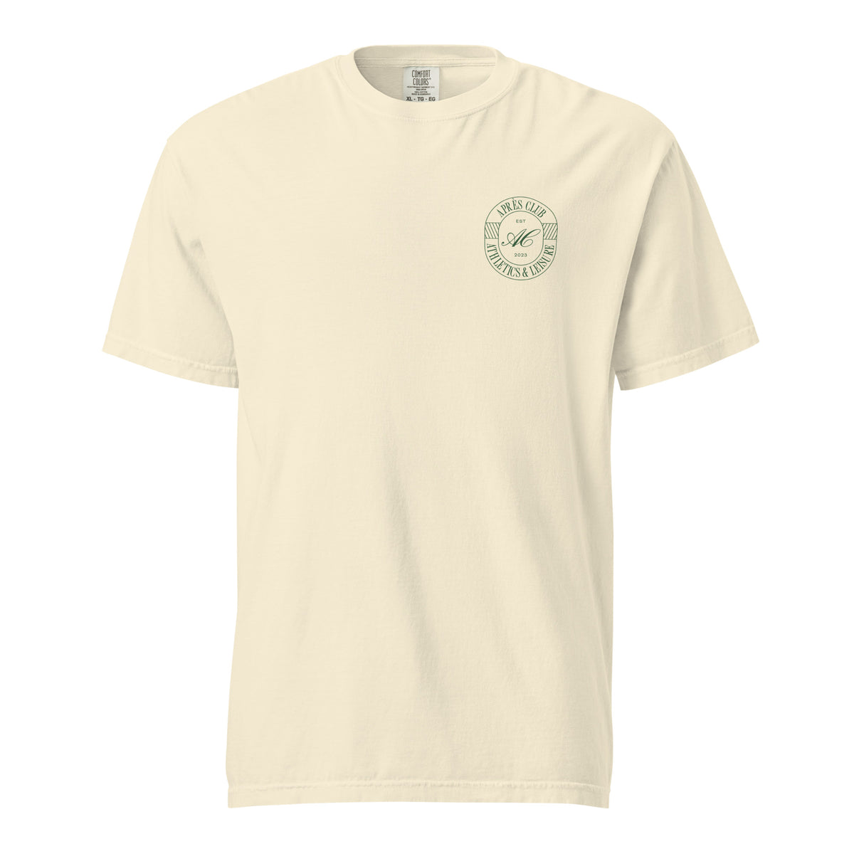 Ivory heavyweight garment-dyed t-shirt with small green Après Club crest on the left chest