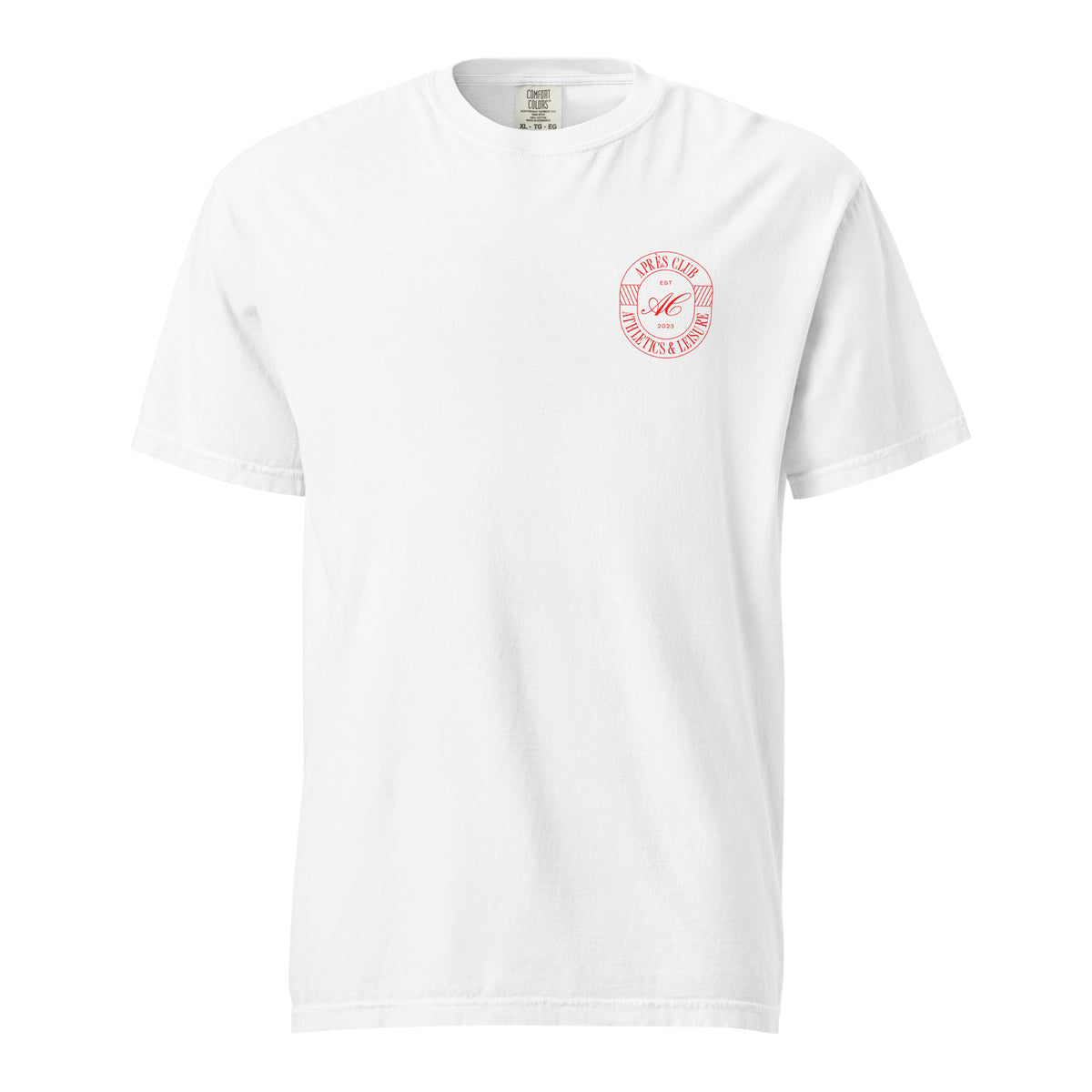 White heavyweight garment-dyed t-shirt with small red Après Club crest on the left chest