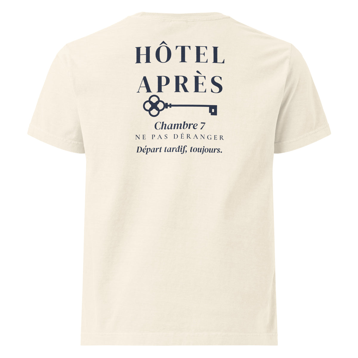 Back of the Hôtel Après Tee in vintage white, the full hotel sign with skeleton key and Chambre 7 printed in navy