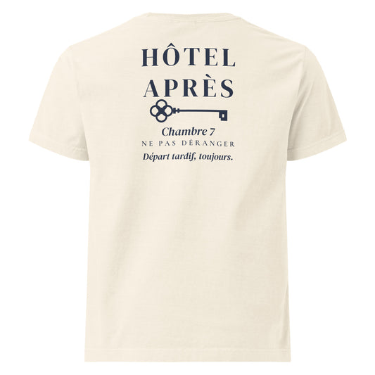 Back of the Hôtel Après Tee in vintage white, the full hotel sign with skeleton key and Chambre 7 printed in navy