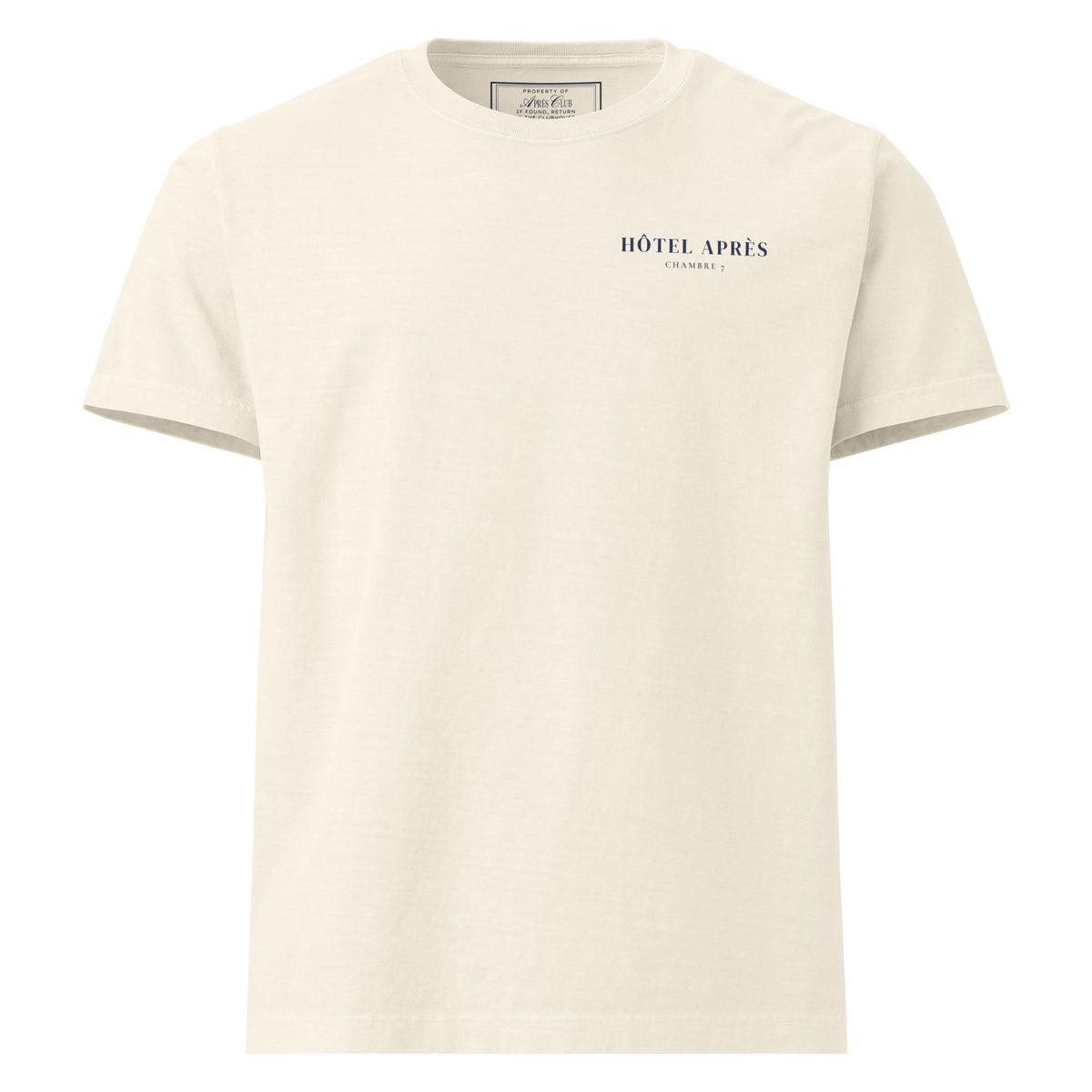 Hôtel Après Tee in vintage white, small Hôtel Après mark on the chest