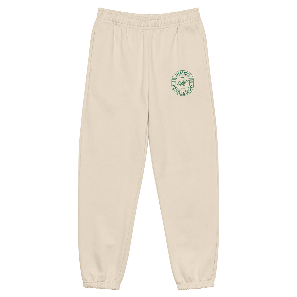 Clubhouse Set in Dust, the sweatpant with the green Après Club badge at the hip
