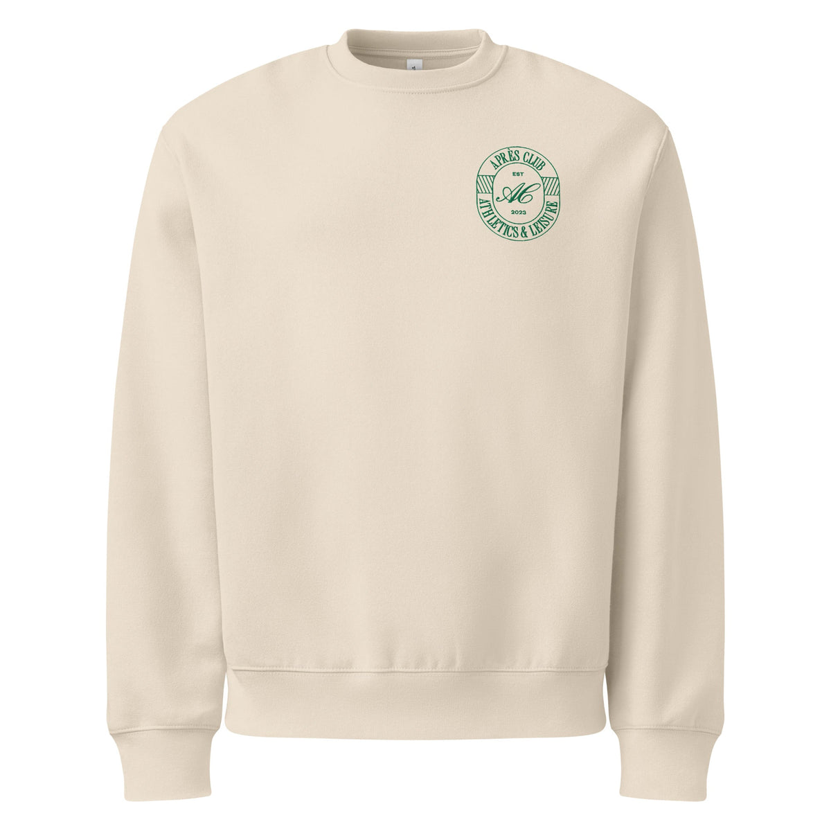 Clubhouse Set in Dust, the crewneck with the green Après Club badge on the left chest