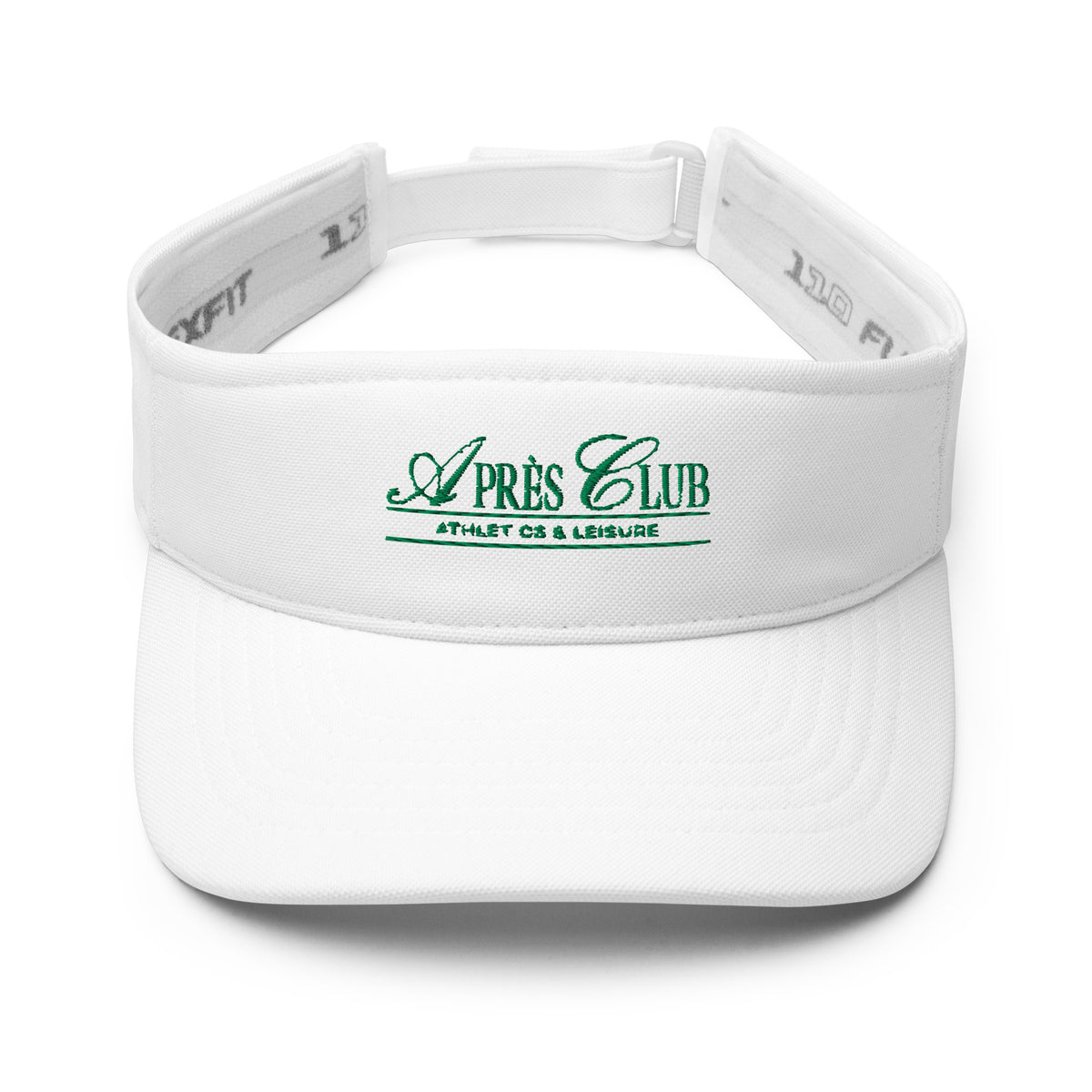 White tennis visor with green Après Club wordmark embroidered on the band