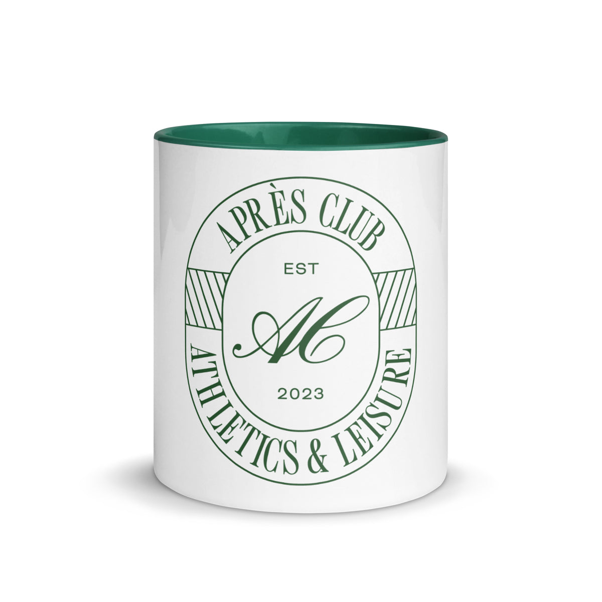 White ceramic Clubhouse Mug with dark green interior and Après Club badge