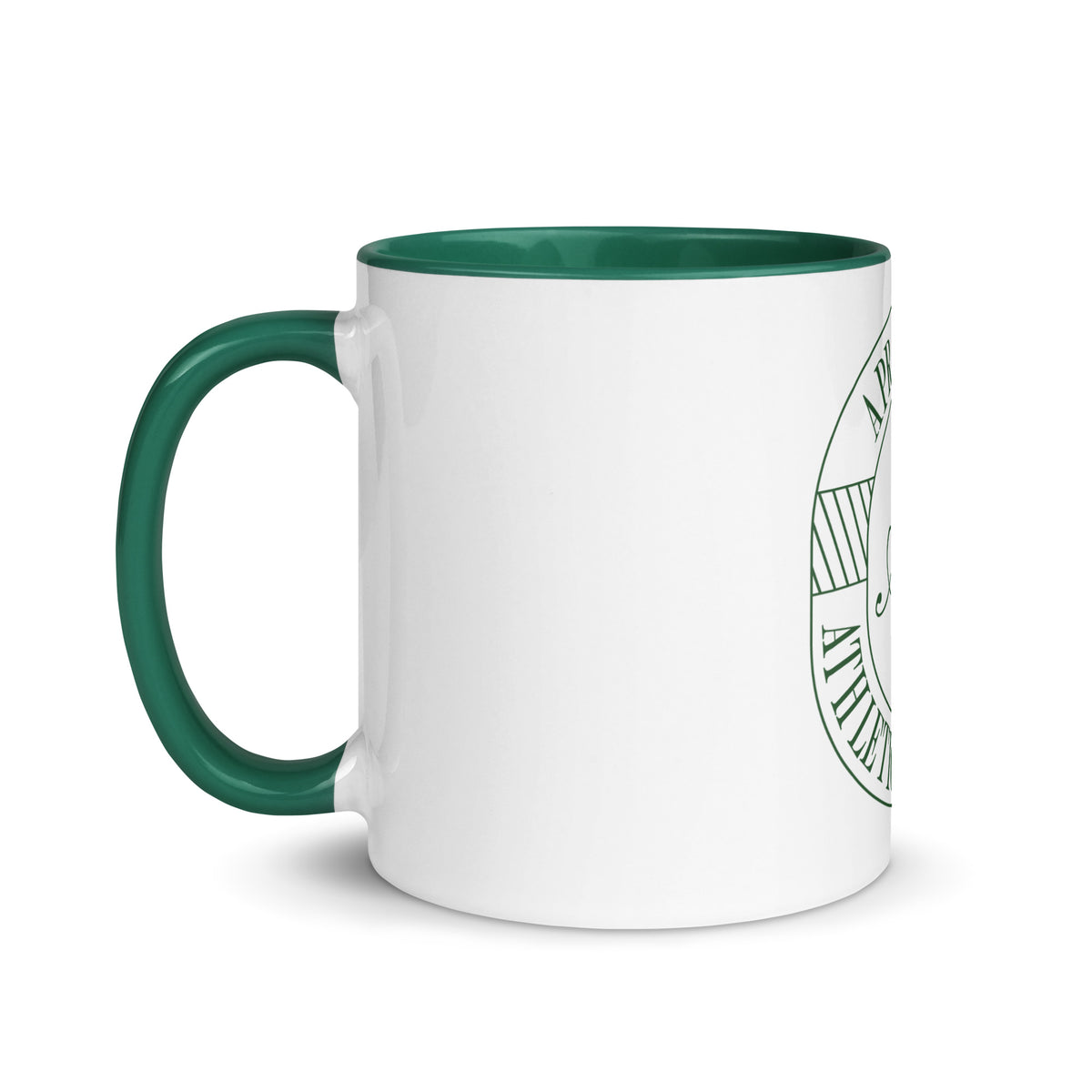 White ceramic Clubhouse Mug with dark green interior and Après Club badge, alternate view 2