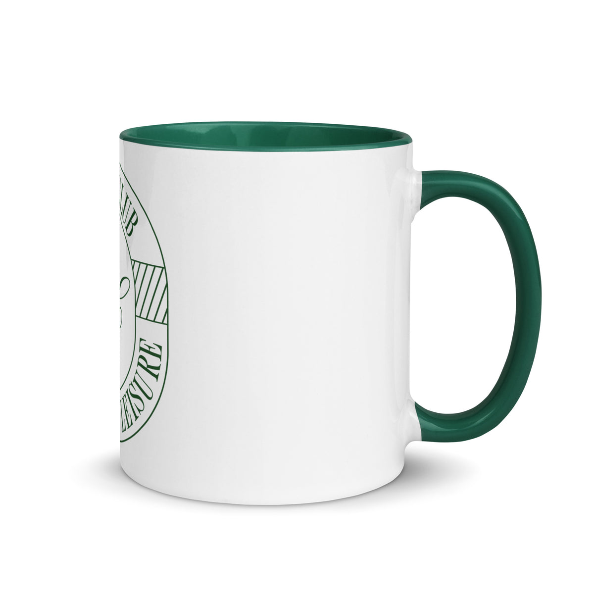 White ceramic Clubhouse Mug with dark green interior and Après Club badge, alternate view 3