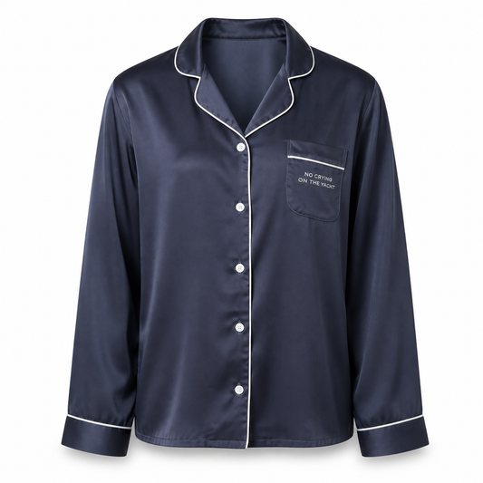 No Crying On The Yacht Pajama Top in navy satin, white piping and buttons, No Crying On The Yacht printed on the pocket