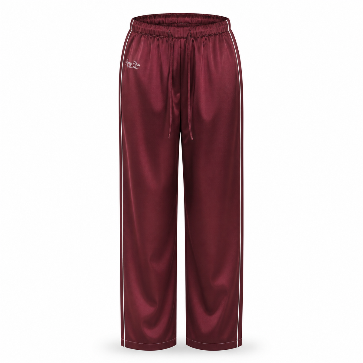No Crying On The Yacht Pajama Pant in maroon satin with white side piping, drawstring waist and Après Club at the hip
