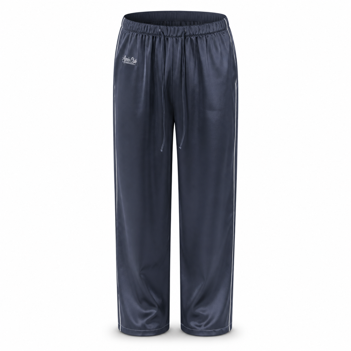 No Crying On The Yacht Pajama Pant in navy satin with white side piping, drawstring waist and Après Club at the hip