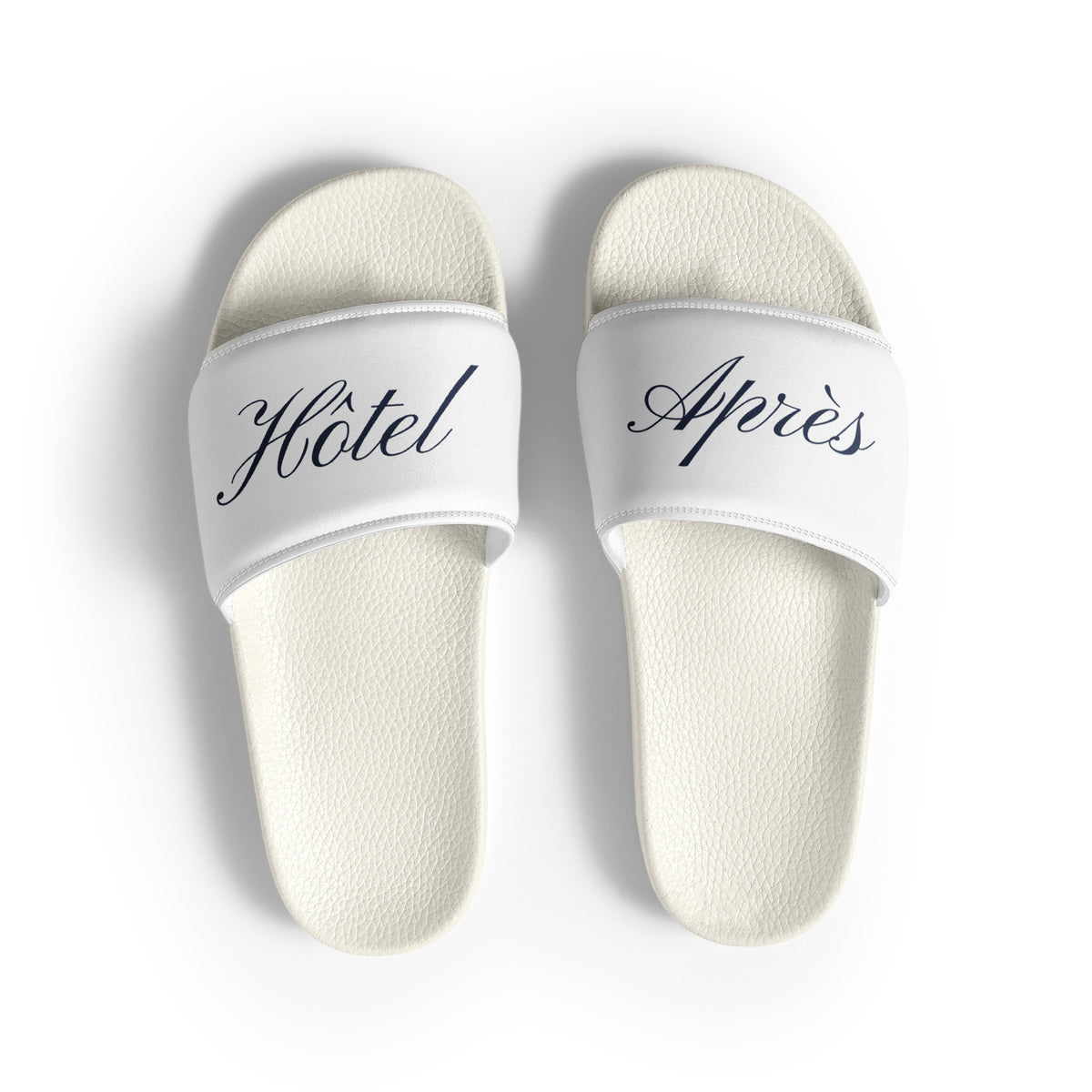 Hôtel Après Slides in white, Hôtel on the left strap and Après on the right in navy script
