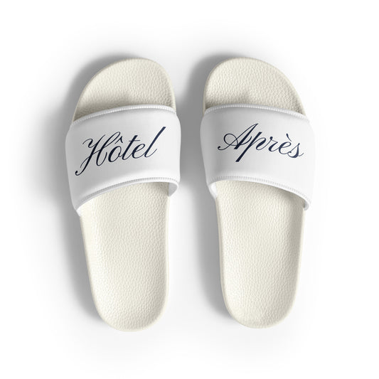 Hôtel Après Slides in white, Hôtel on the left strap and Après on the right in navy script