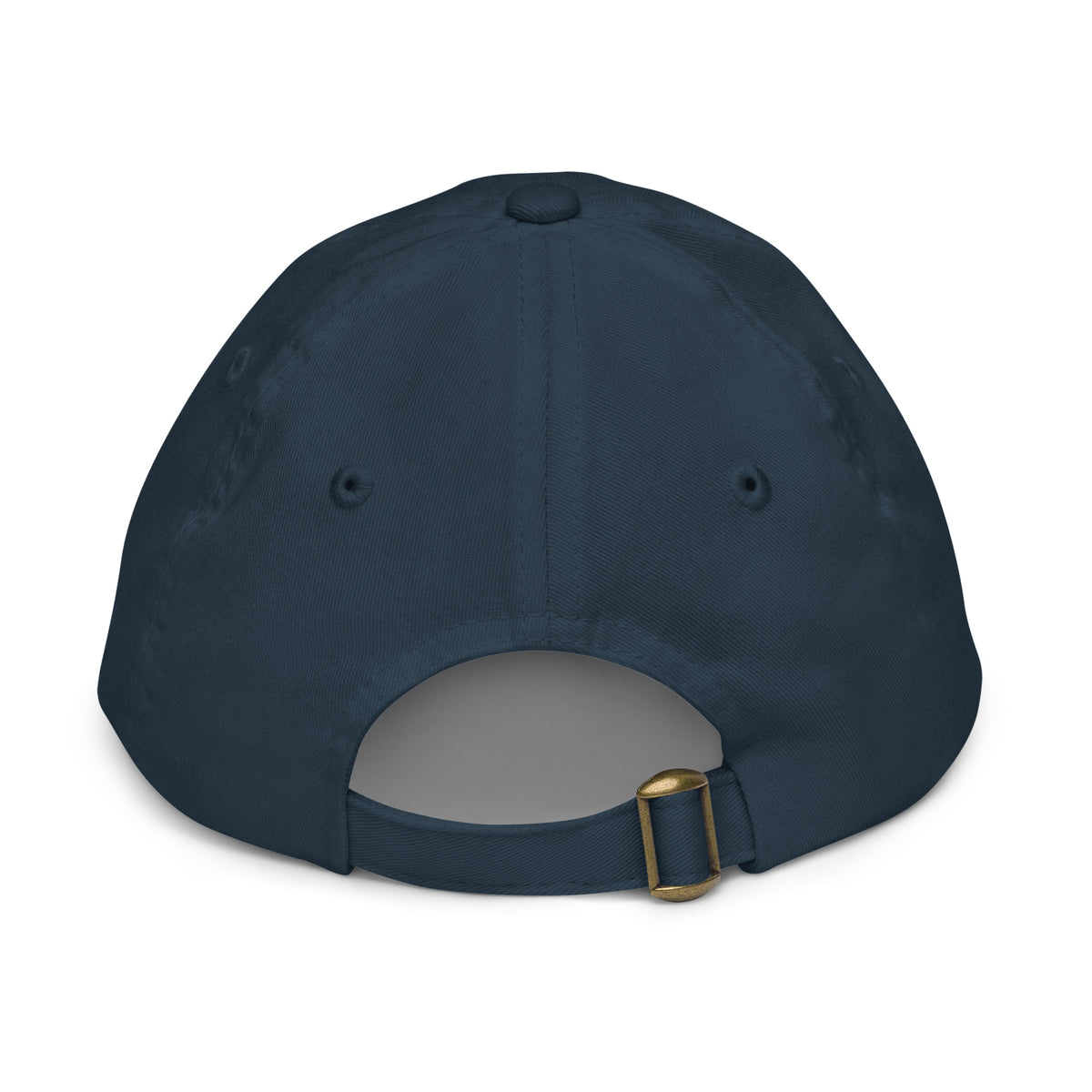 Navy kids baseball cap embroidered with No Crying On The Yacht in white, alternate view 2