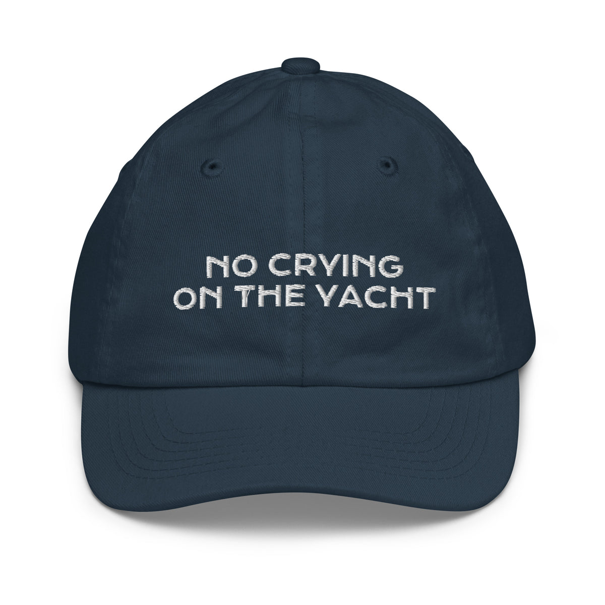 Navy kids baseball cap embroidered with No Crying On The Yacht in white
