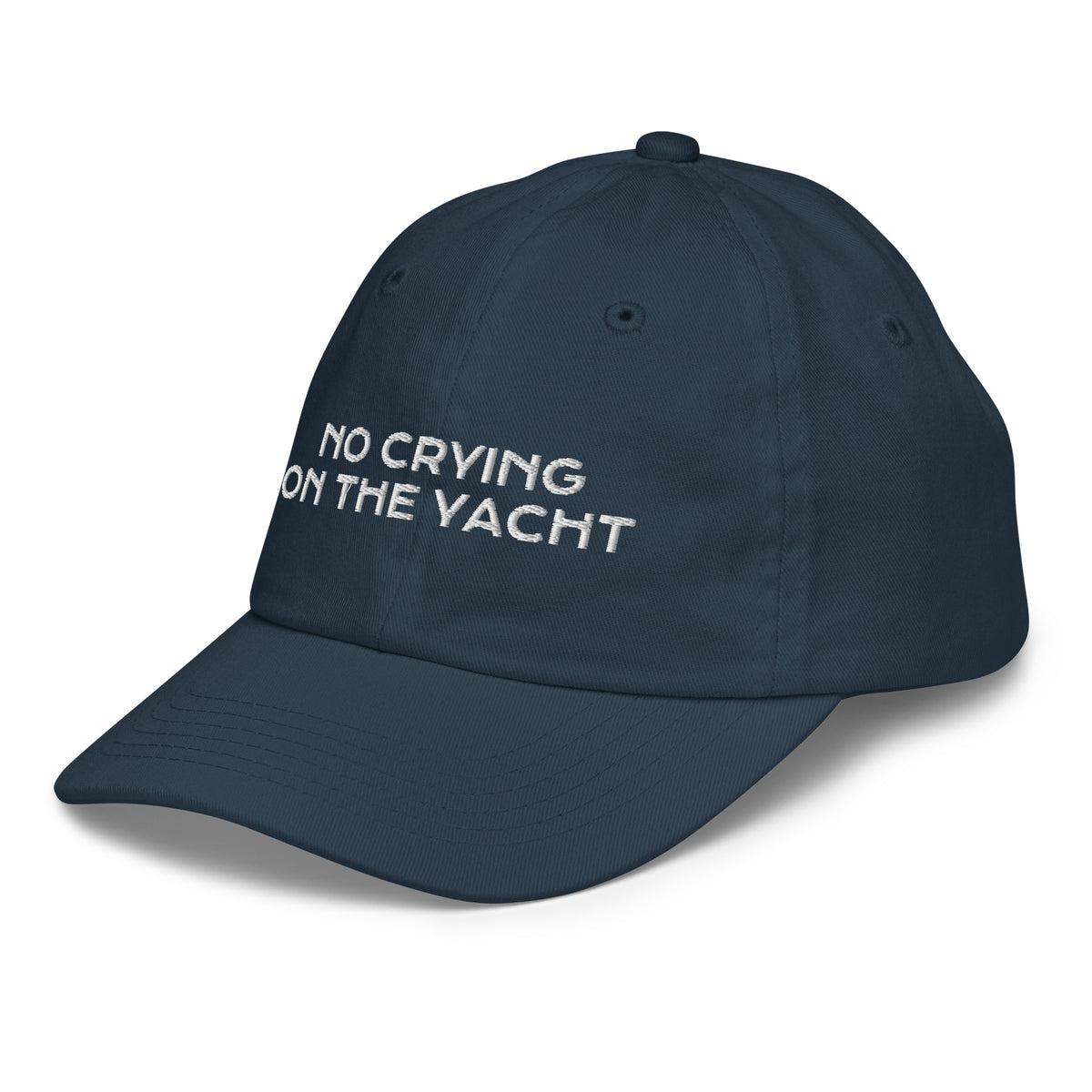Navy kids baseball cap embroidered with No Crying On The Yacht in white, alternate view 3