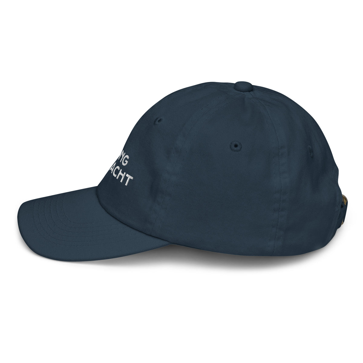 Navy kids baseball cap embroidered with No Crying On The Yacht in white, alternate view 4