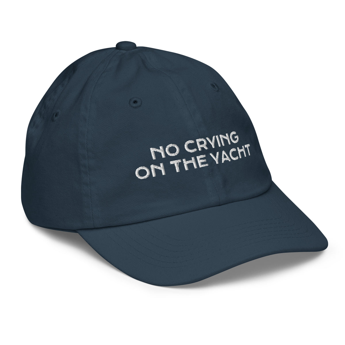 Navy kids baseball cap embroidered with No Crying On The Yacht in white, alternate view 5