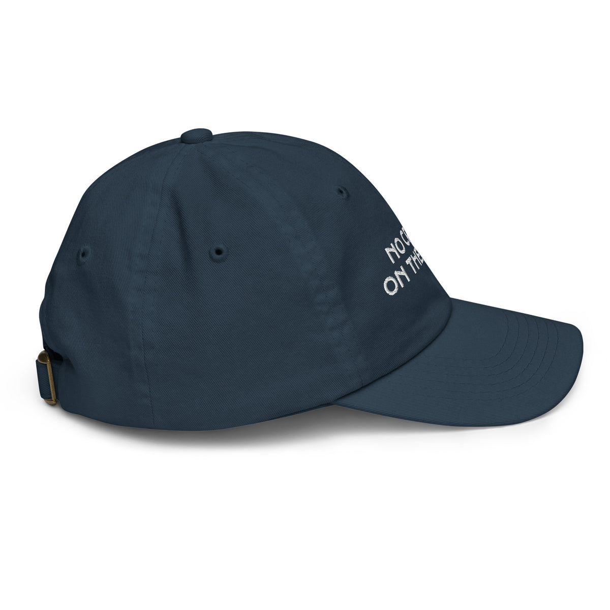 Navy kids baseball cap embroidered with No Crying On The Yacht in white, alternate view 6